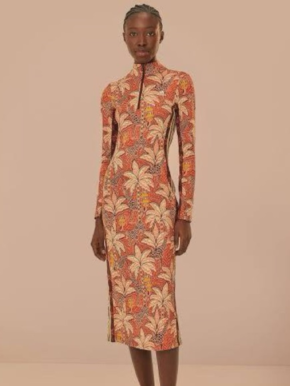 adidas Orange Floral-Print Long-Sleeve Midi Dress